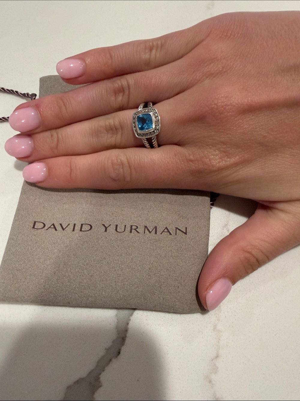 David Yurman Petite Albion in Blue Topaz, Size 6, with bag